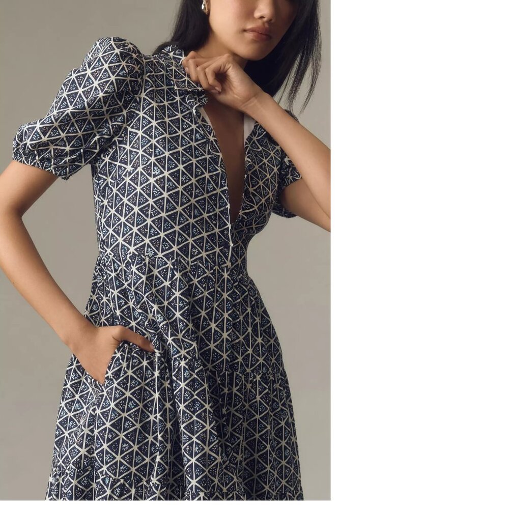 anthropologie English Factory Puff-Sleeve Tiered Midi Shirt Dress M blue new NWT - Picture 2 of 5